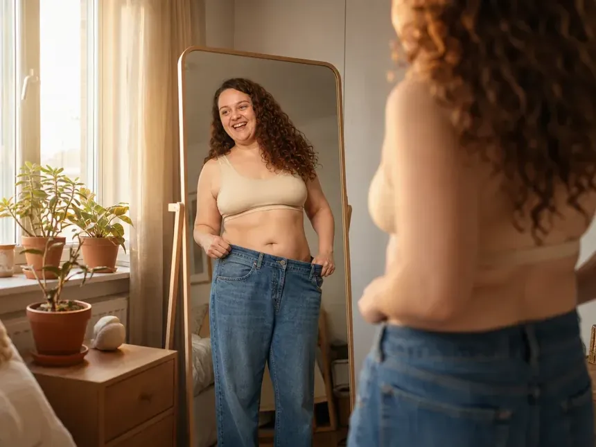 Woman trying on loose jeans in the mirror